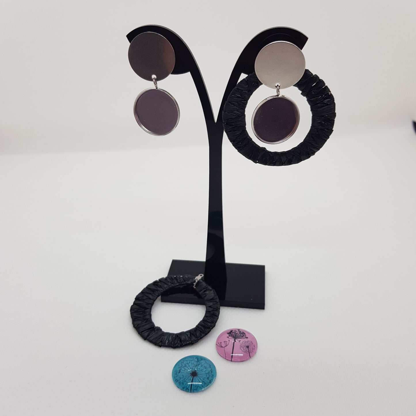 Boucle d'Oreille Artisanale Créole 2-en-1 Raphia Noir