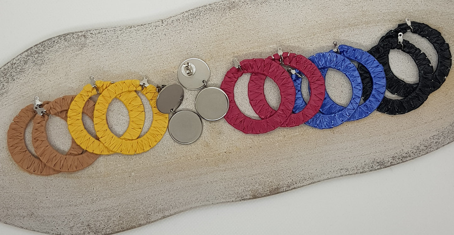 Boucle d'Oreille Artisanale Créole 2-en-1 Raphia Brun