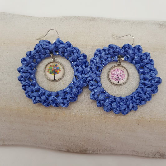 Boucle d'Oreille Artisanale Raphia Bleu