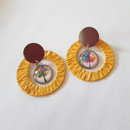 Boucle d'Oreille Artisanale Créole 2-en-1 Raphia Jaune